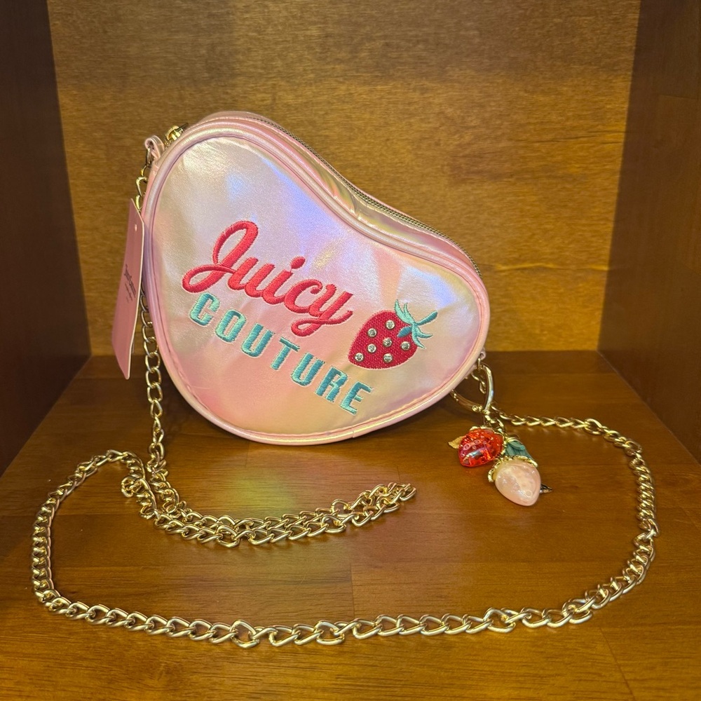 Juicy Couture Iridescent Pink Heart Strawberry Bag Gold Chain w/ Added Charms